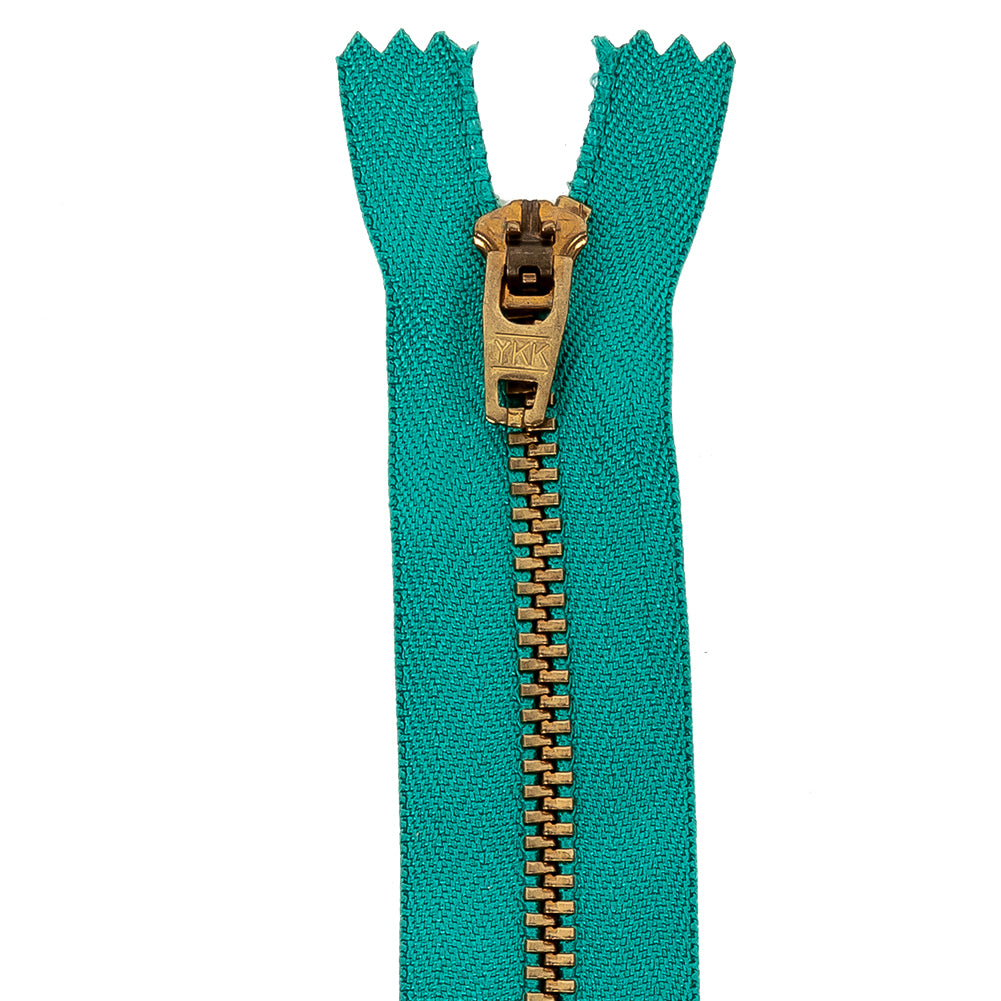 YKK Teal Blue Metal Closed Bottom Zipper with Gold Teeth - 5.5