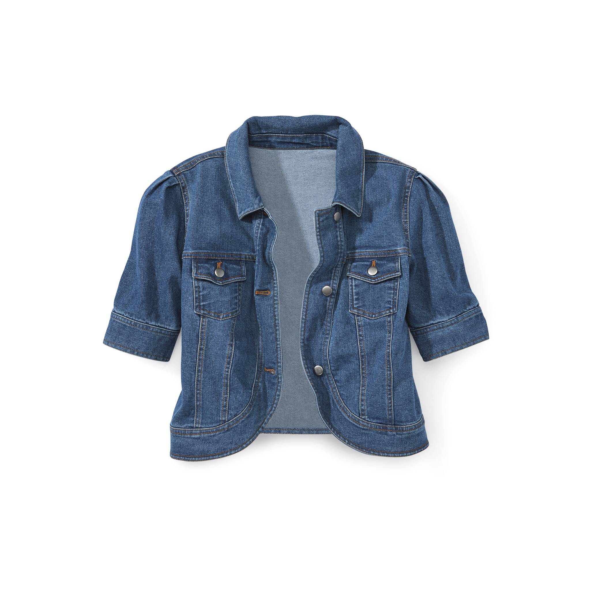 Curved-Hem Cropped Denim Jacket, Short Sleeves, Tulip Hem - Northstyle Catalog
