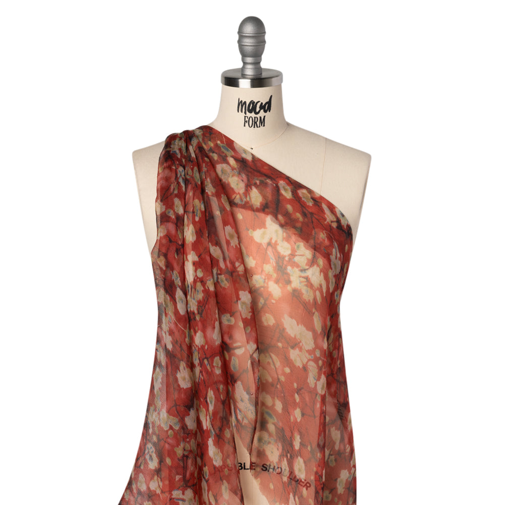 Crinkled Silk Chiffon Print - Red, White and Black Painterly Flowering Branches - Deadstock - Joann Fabrics