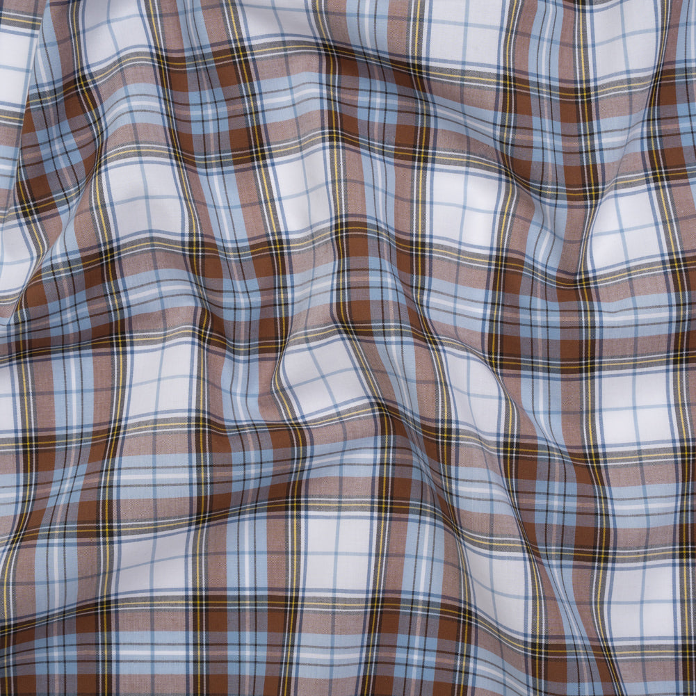 Cotton Shirting Made in Italy - Russet Brown, Country Blue and White Plaid - Designer Deadstock - Joann Fabrics