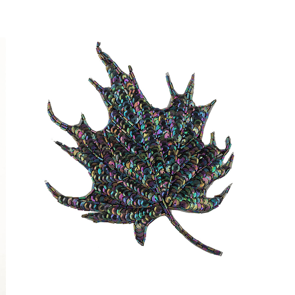 Vintage Black Iris Sequins and Bugle Beaded Large Leaf Applique - 7.375
