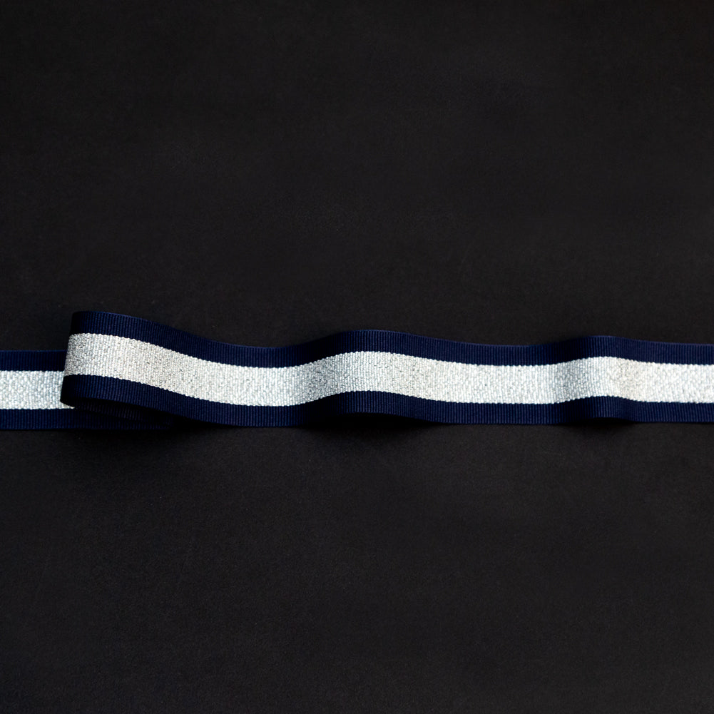 Italian Metallic Silver and Navy Striped Grosgrain Ribbon - 1