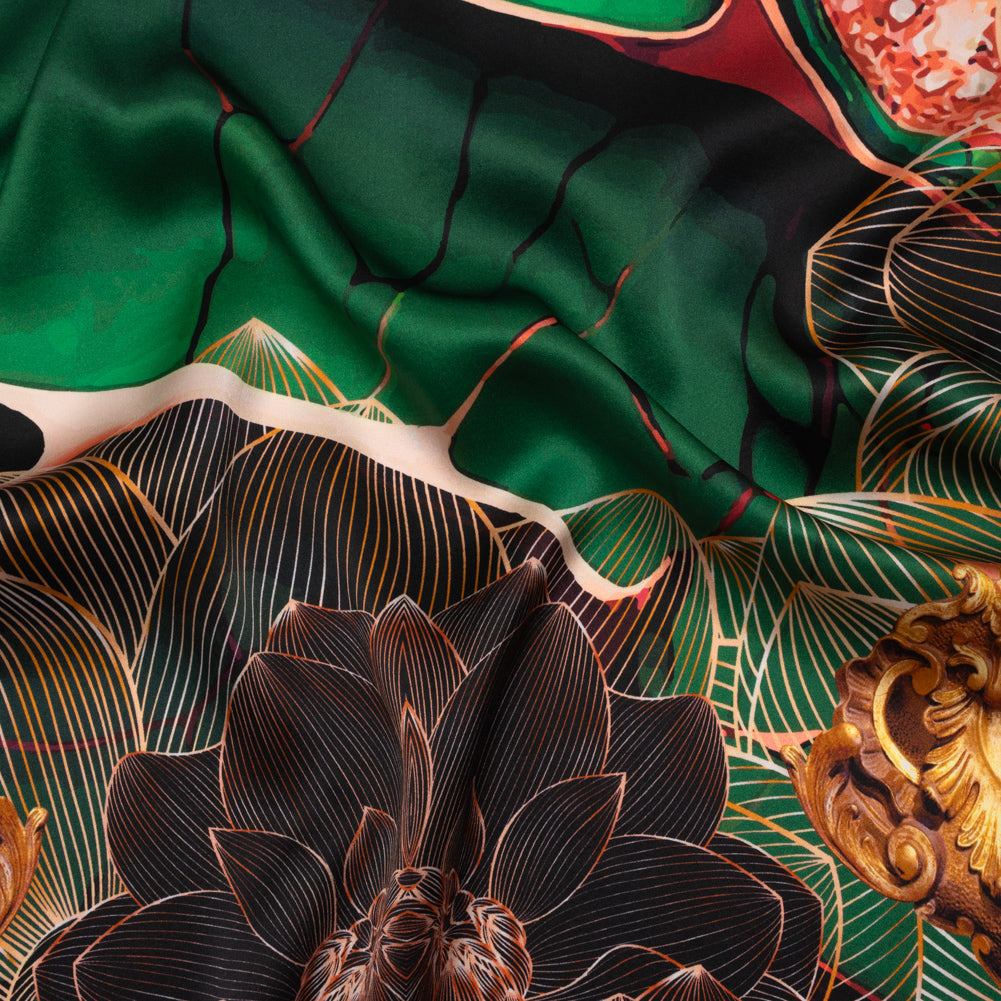 Silk Charmeuse Panel 16MM, Made in Italy - Orange, Dark Green and Black Linework Flowers and Gemstones - Joann Fabrics