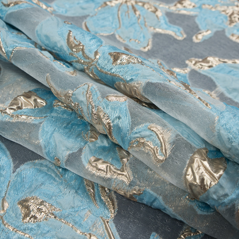 Sky Blue and Metallic Gold Luxury Floral Burnout Brocade - Joann Fabrics