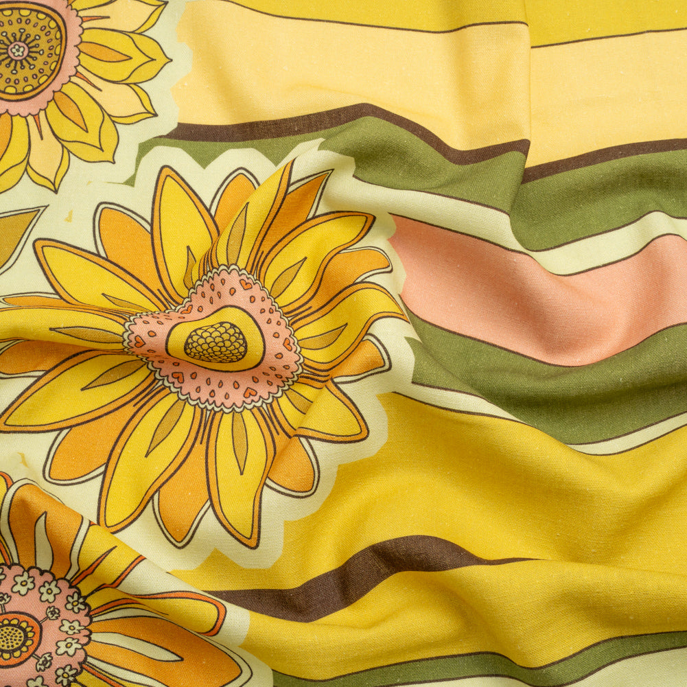 Linen and Rayon Woven - Yellow and Green Sunflowers Border and Stripes - Mood Exclusive Matilda's Garden Print - Joann Fabrics