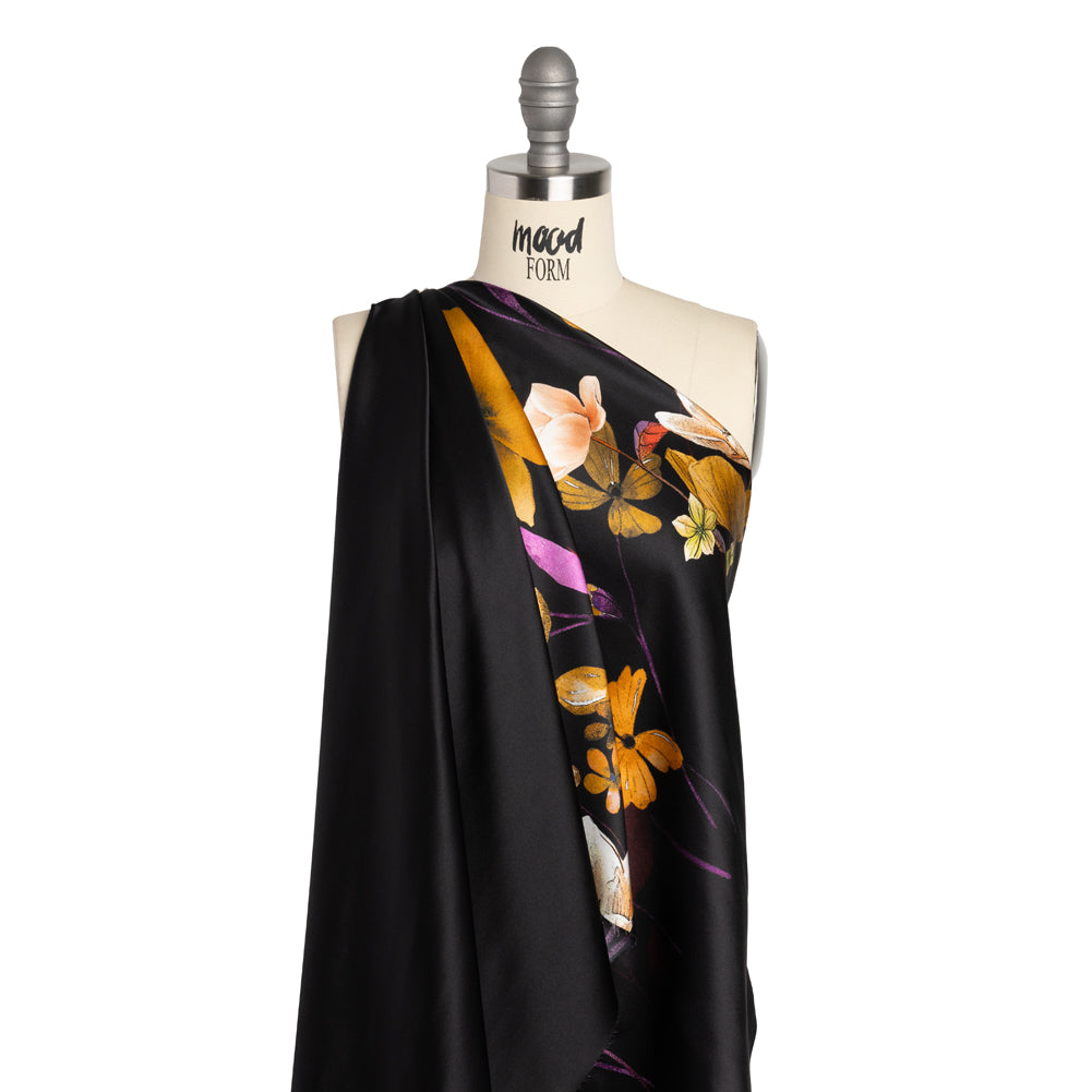 Silk Charmeuse Print - Black, Purple and Yellow Ochre Floral- Made in Italy - Joann Fabrics