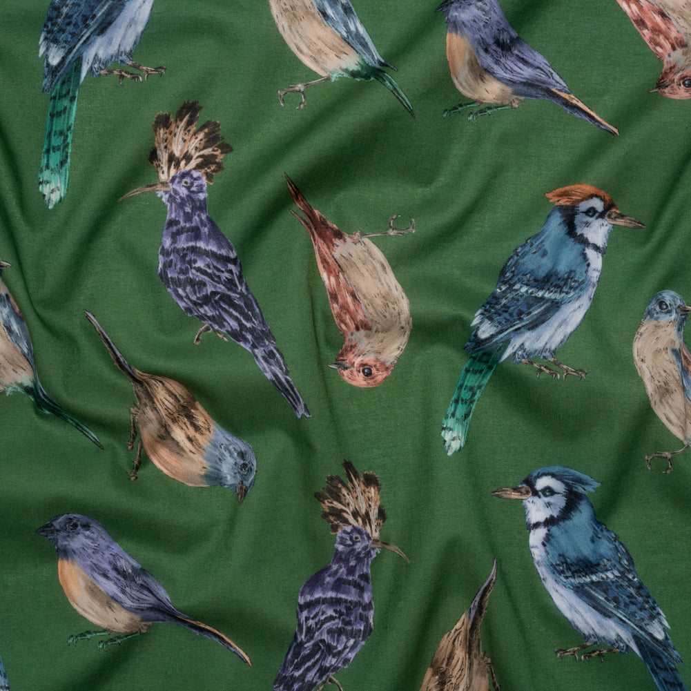 Cotton Voile - Green, Blue and Beige Little Birds - Birdsong Saunter Print - Mood Exclusive Acadia Collection - Joann Fabrics