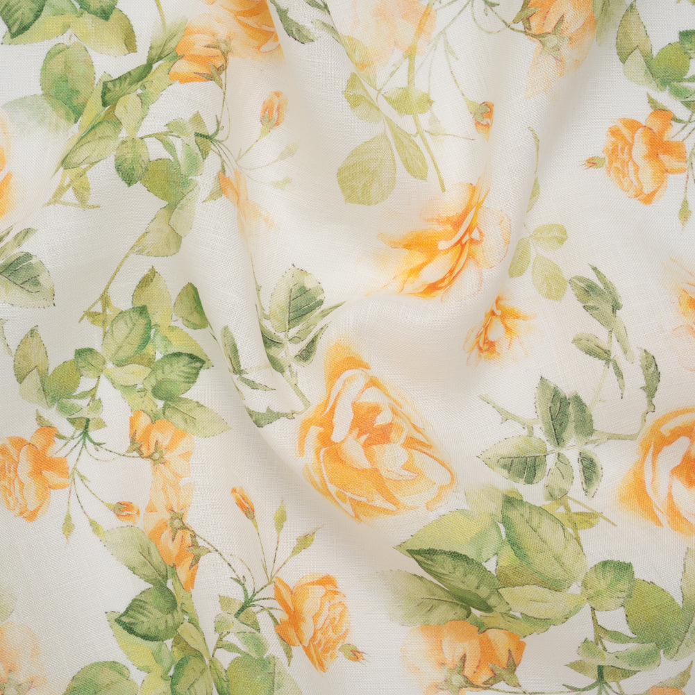 Medium Weight Linen Woven Print - Orange and Green on White Little Roses - Joann Fabrics