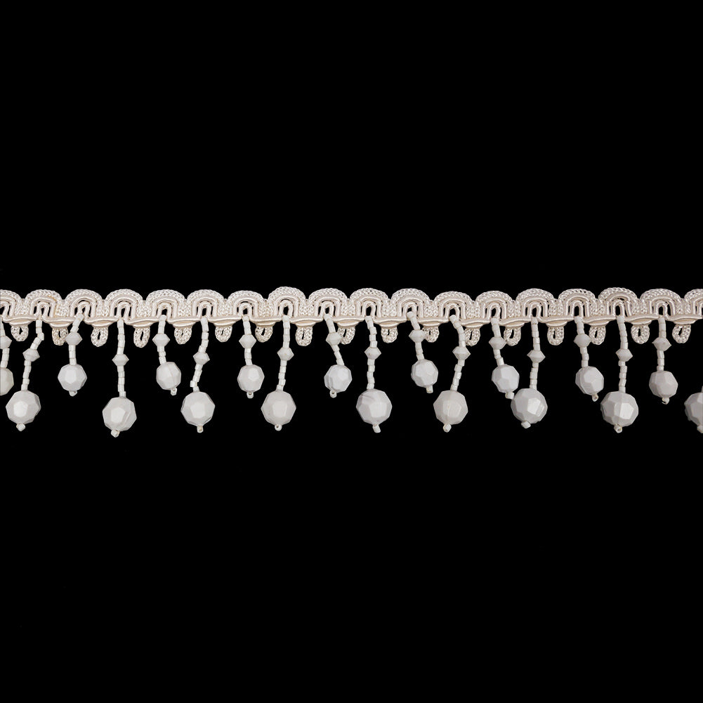 Vintage Chalk White Faceted Round Beaded Fringe on Ivory Gimp Braided Trim - 1.5