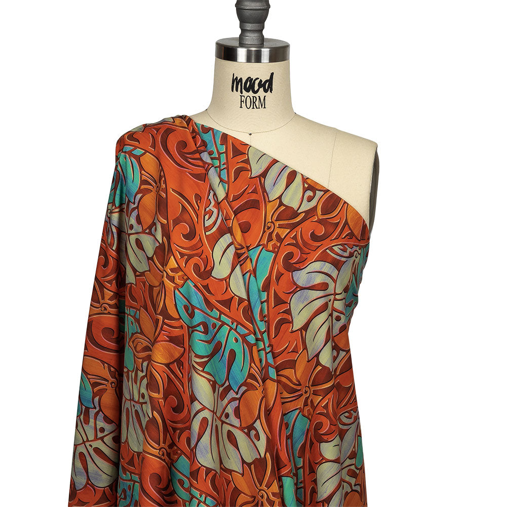 Orange and Turquoise Art Nouveau Leaves UV Protective Compression Swimwear Tricot with Aloe Vera Microcapsules - Joann Fabrics