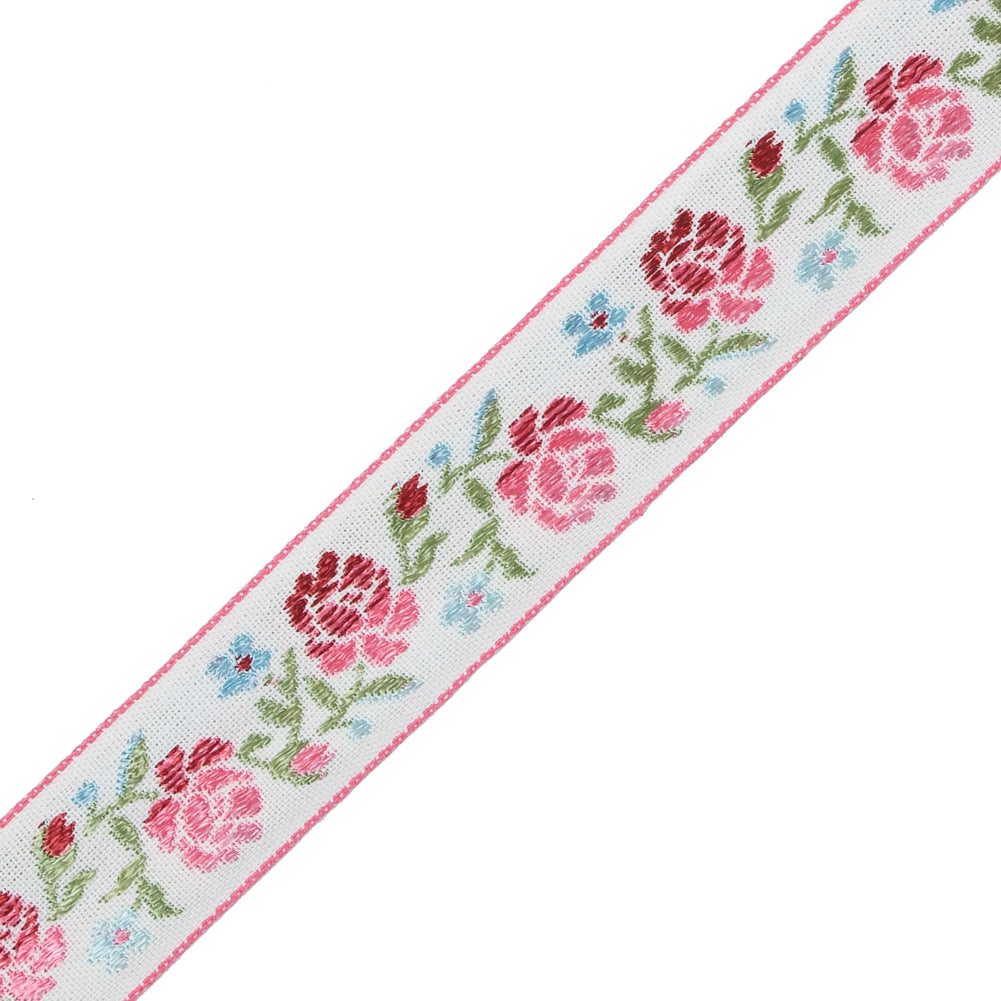 German Pink and Green Floral Jacquard Ribbon - 0.875