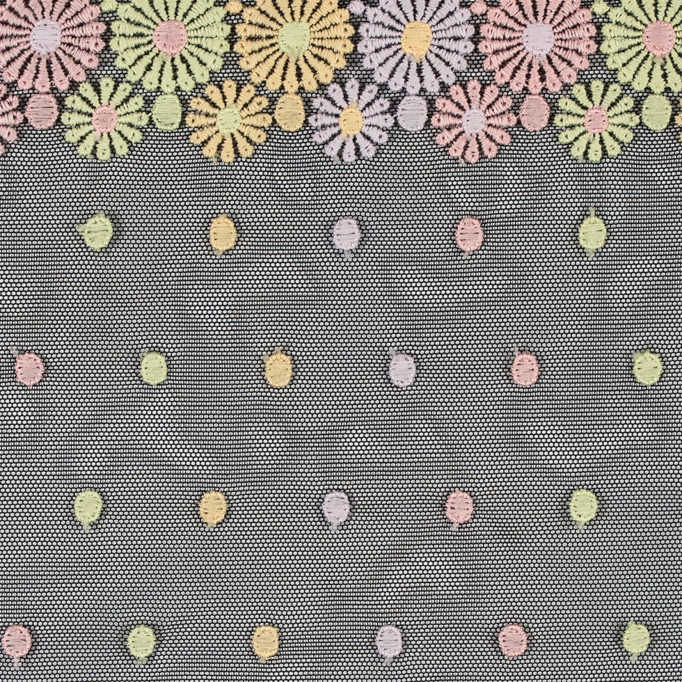 Pastel Floral Embroidery on Black Mesh - 6.5