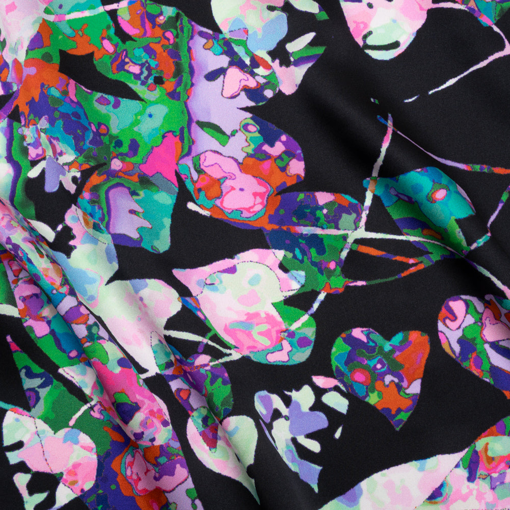 Silk Charmeuse Print - Black, Pink and Green Splatter Painted Florals - Joann Fabrics