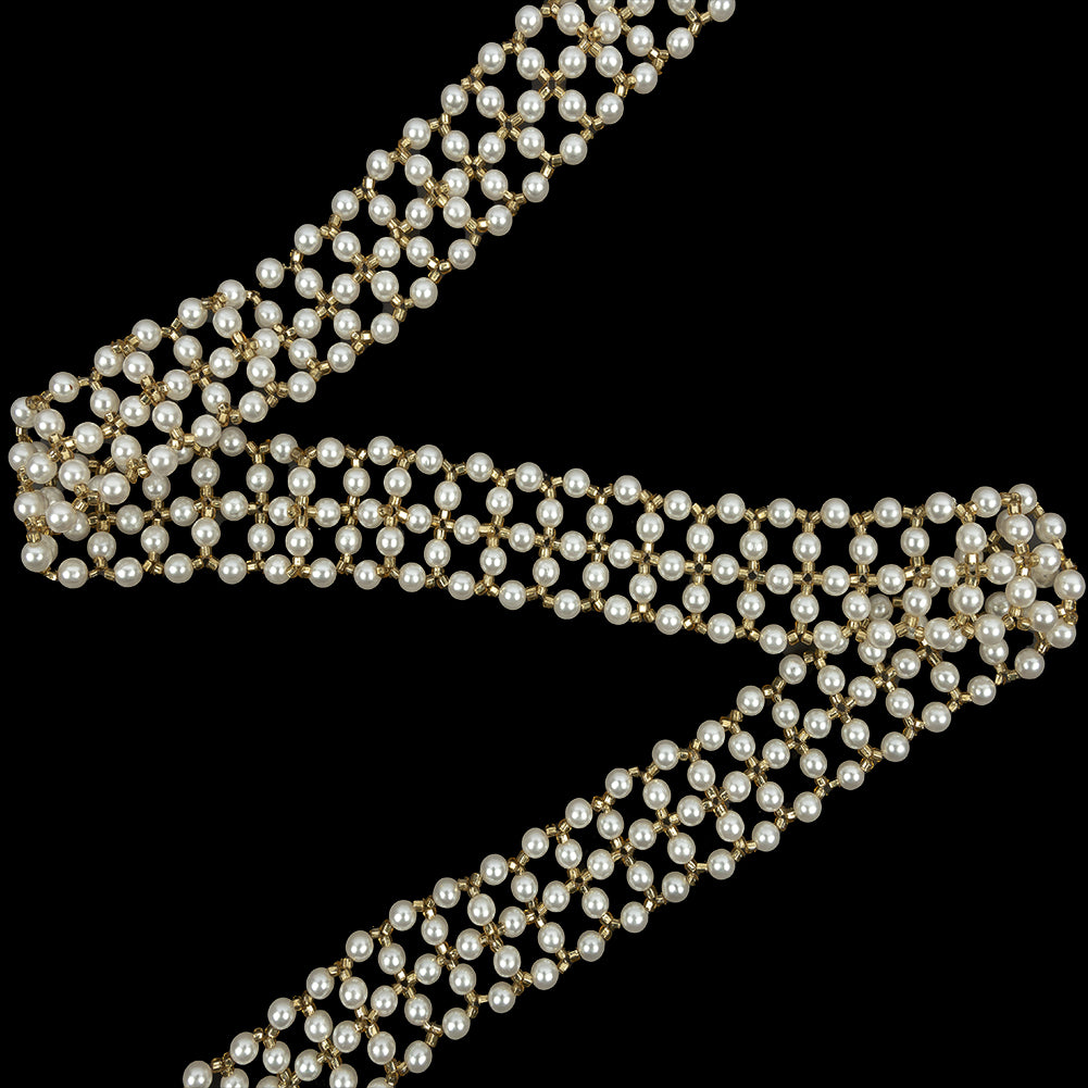 Vintage Gold and Faux Pearl Beaded Latticework Belt With Fringe - 33