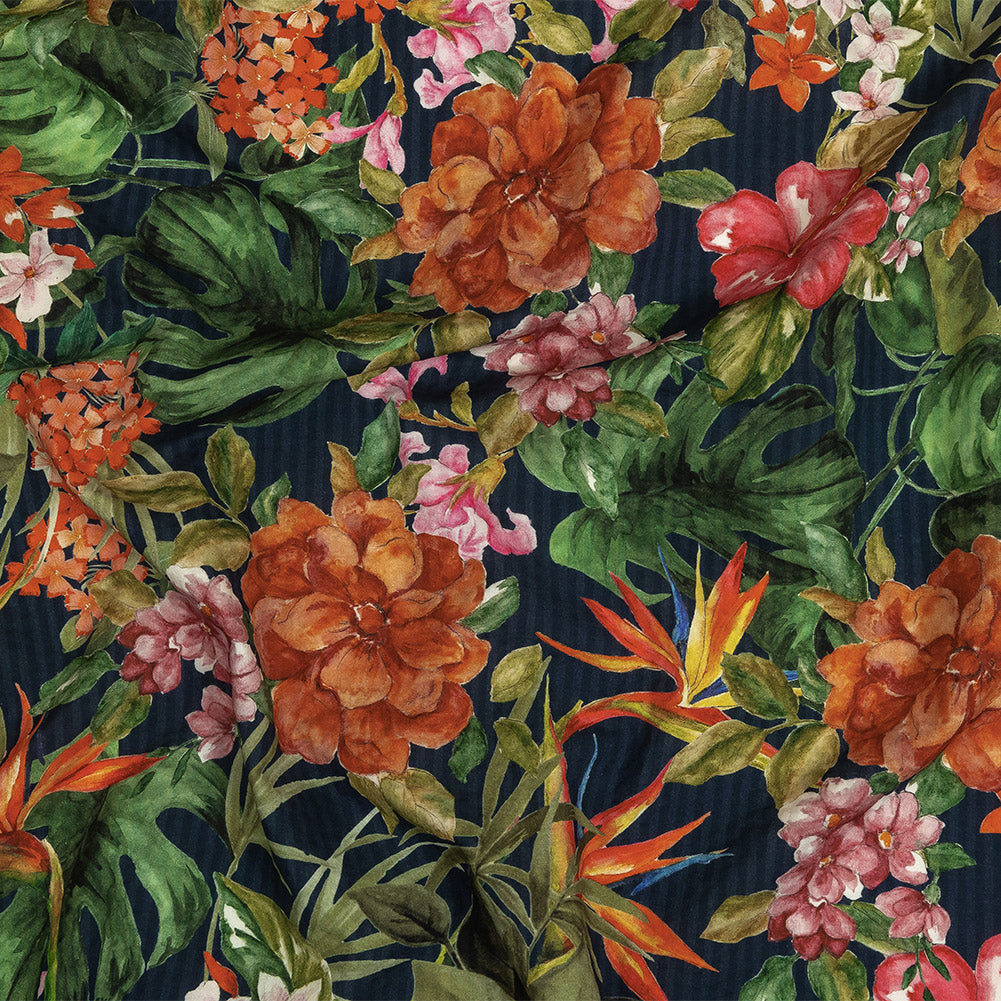 Cotton and Viscose Striped Seersucker Print - Navy, Red and Green Floral - Mood Exclusive Crusoe's Cabana - Joann Fabrics