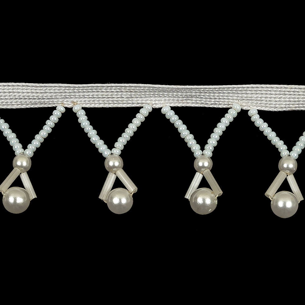 Vintage Pearlescent White and Ivory Round, Seed and Bugle Beaded Fringe Trim - 1.25