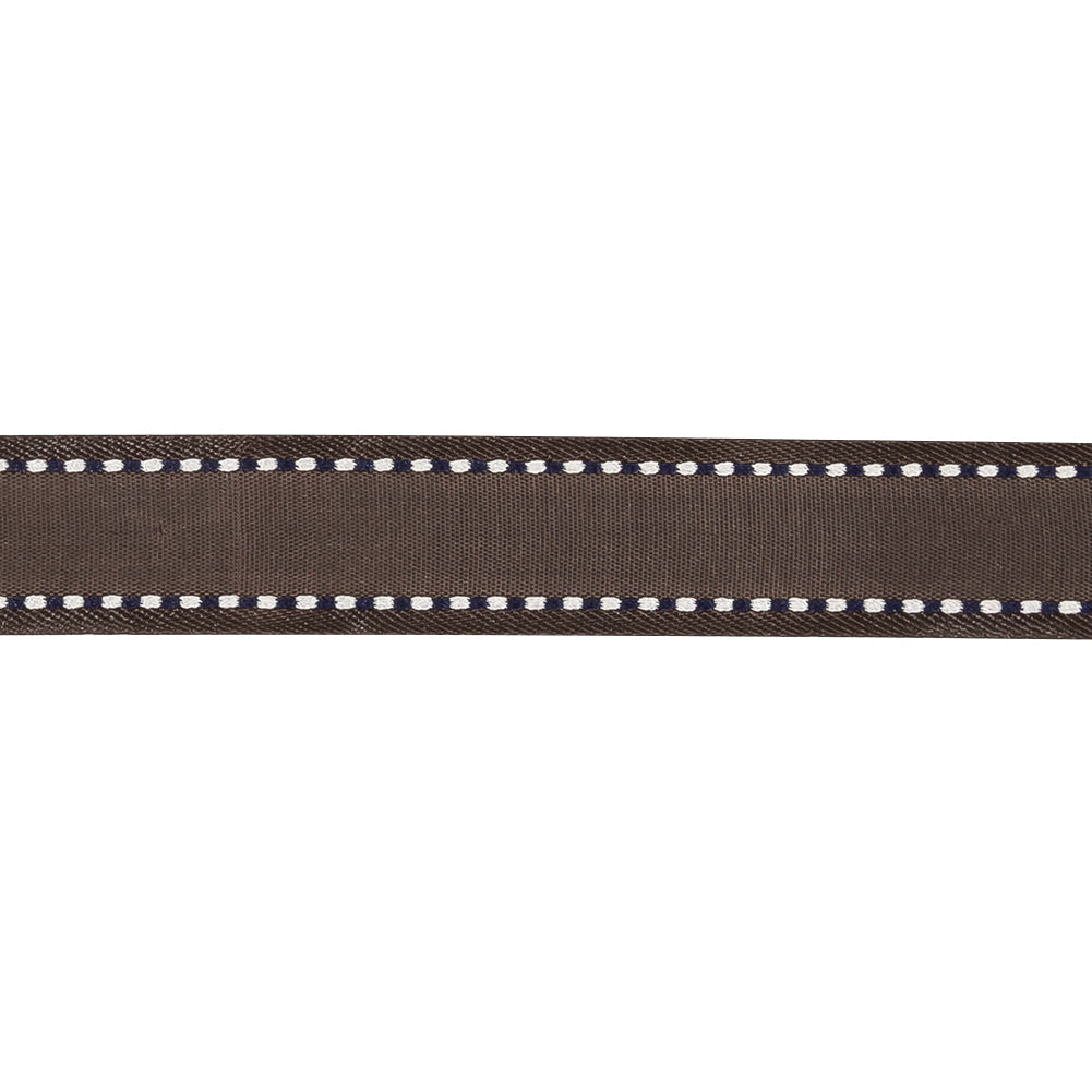 Fudge Woven Ribbon with Navy and White Stitched Border - 0.625