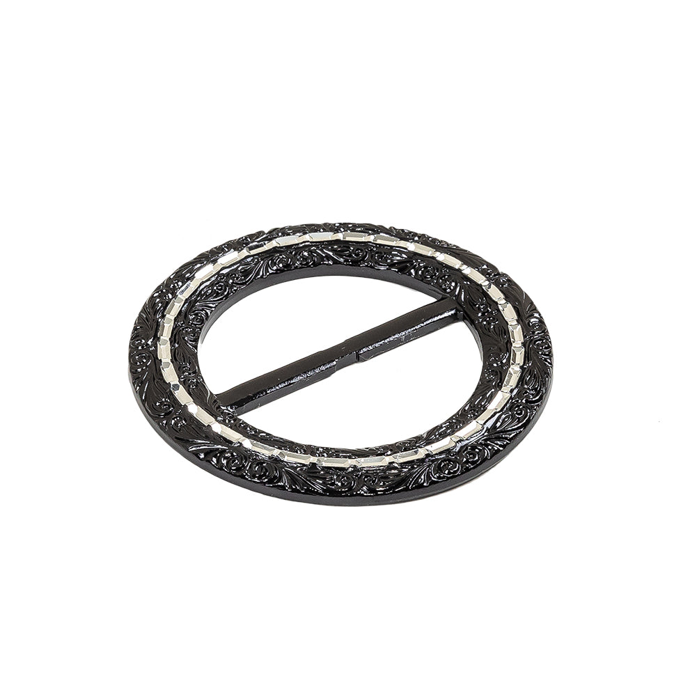 Vintage Black Classical Swirls Round Slider with Faceted Silver Band - 2.375