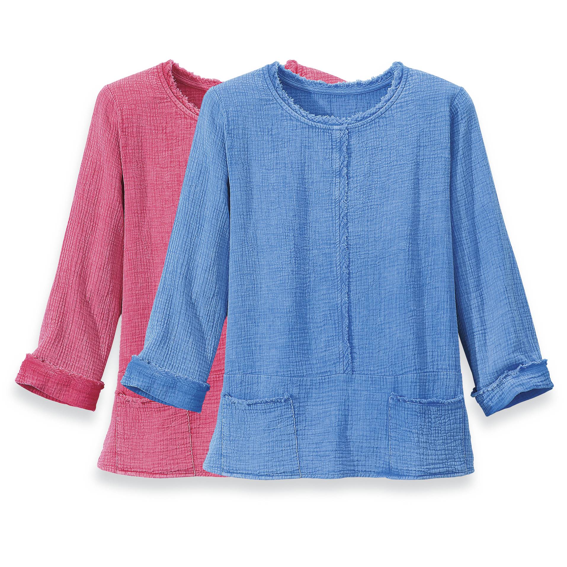 Double-Gauze Cotton Fringed Top, Patch Pockets, 3/4 Cuffed Sleeves - Northstyle Catalog