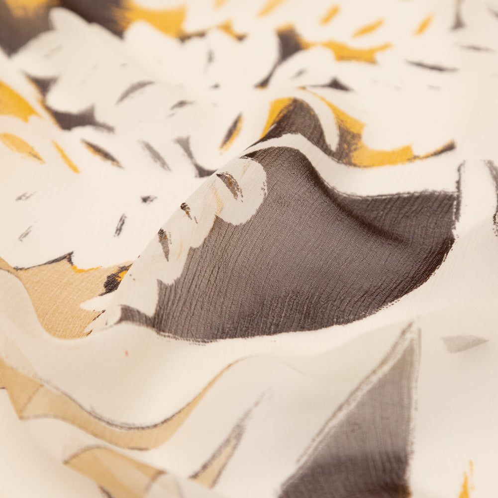 Karen Kane Honey Mustard and Wren Painterly Floral Crinkled Silk Chiffon - Joann Fabrics