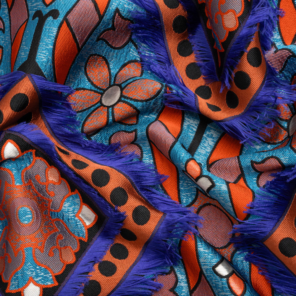 Teal, Orange and Blue Flowers and Fringed Diamonds Metallic Brocade - Joann Fabrics