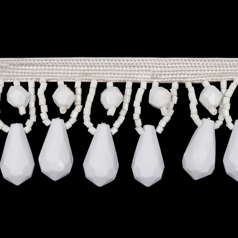 Vintage Ivory and Chalk White Teardrops and Seed Beaded Fringe Trim - 1.375