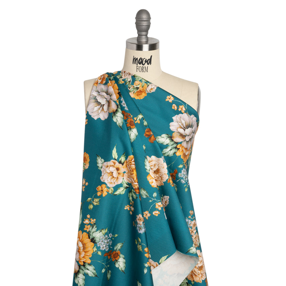 Stretch Cotton Sateen - Teal and Orange Floral - Peony Prowess Print - Mood Exclusive Tumunyana Collection - Joann Fabrics