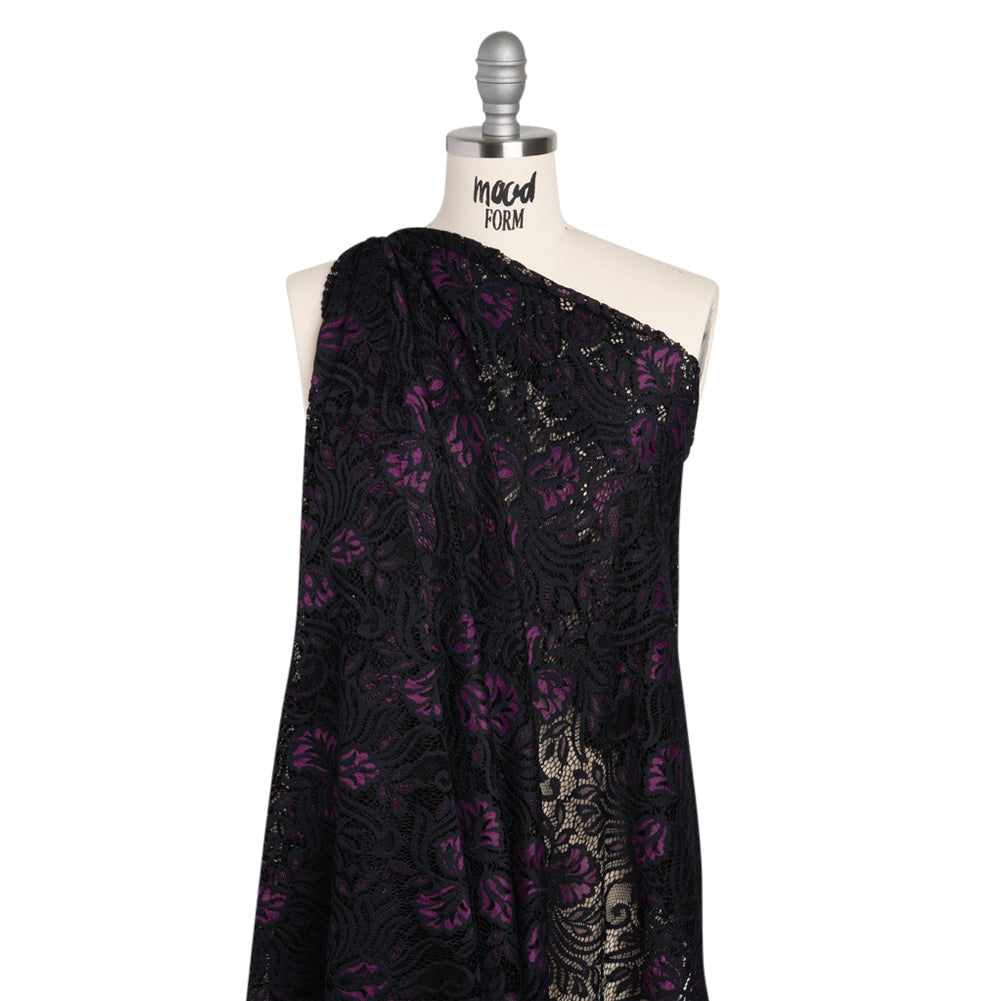 Re-Embroidered Stretch Lace with Finished Edges - Black and Dahlia Purple Blossom Trios and Leaves - Tatiana Collection - Joann Fabrics