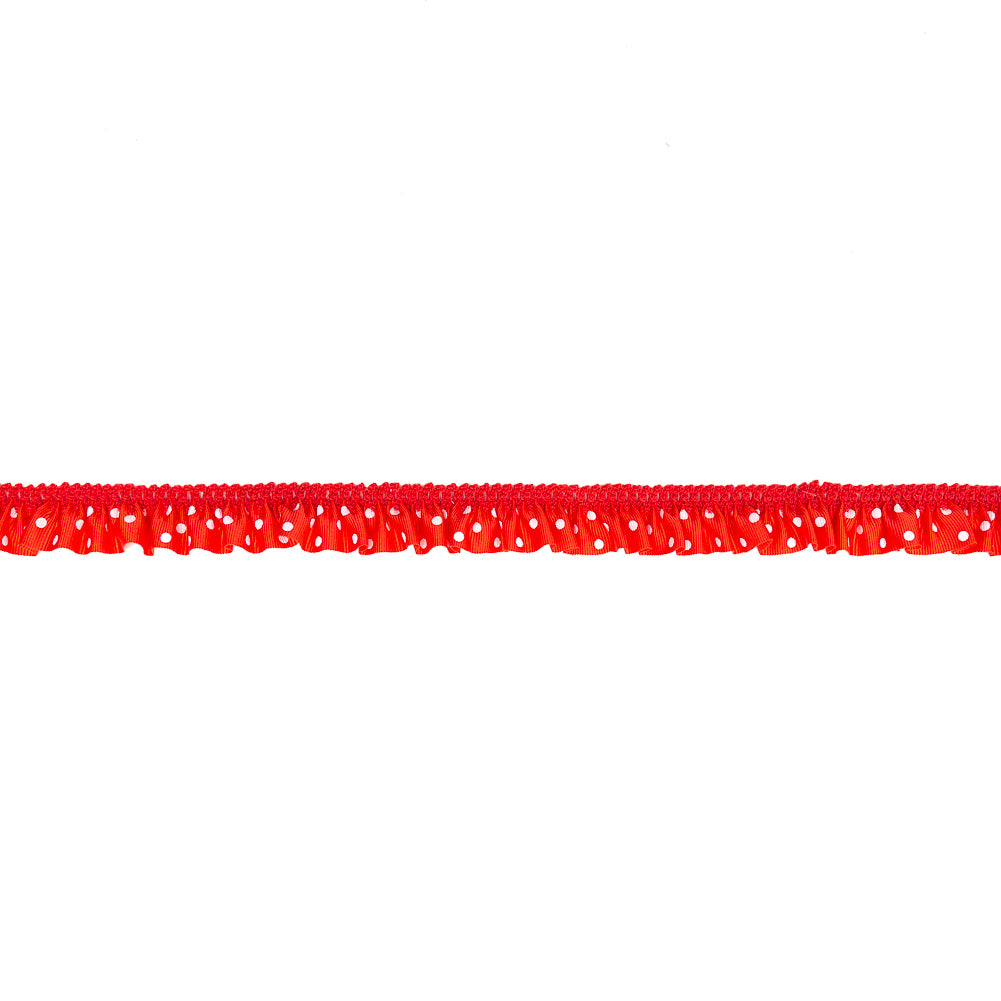European Red and White Polka Dot Ruffled Stretch Grosgrain .875