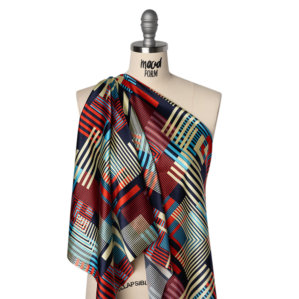 Stretch Silk Charmeuse Print - Red, Blue and Pale Yellow Striped Geometrics - Deadstock - Joann Fabrics