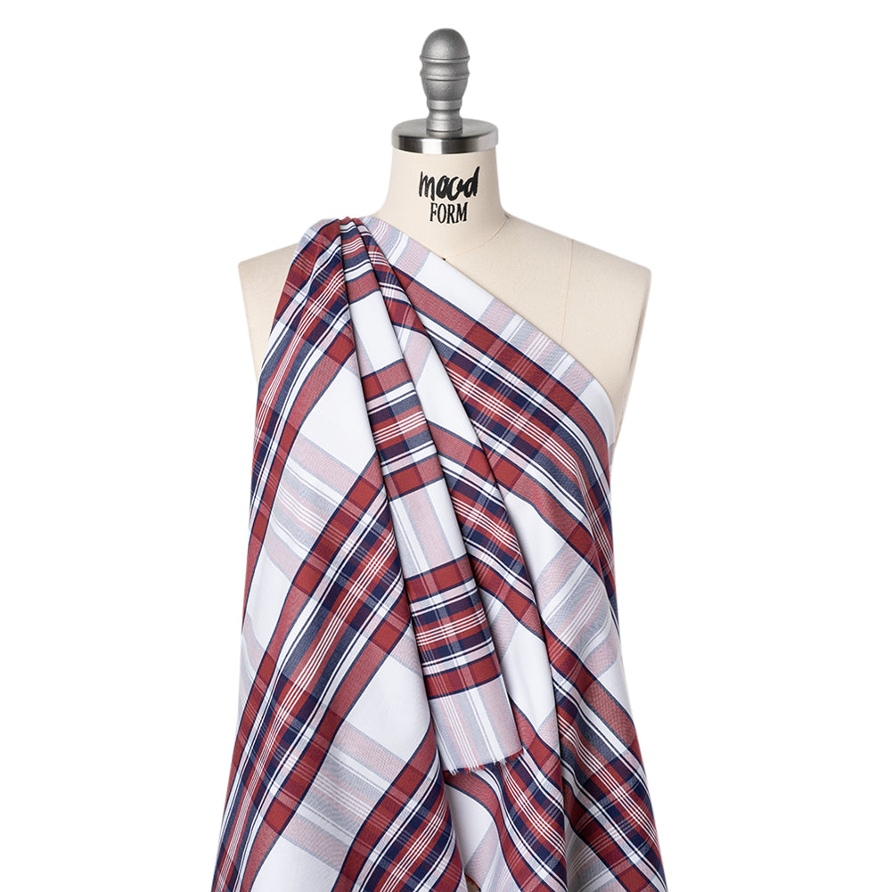 Cotton Oxford Shirting - White, Dark Blue and Wine Red Plaid - Deadstock - Joann Fabrics