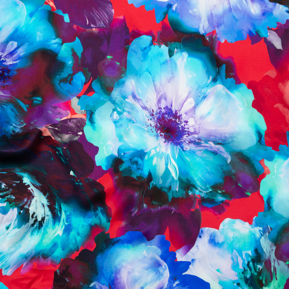 Mood Exclusive Italian Blue Windsor Wine and Purple Painterly Floral Digitally Printed Silk Charmeuse - Joann Fabrics