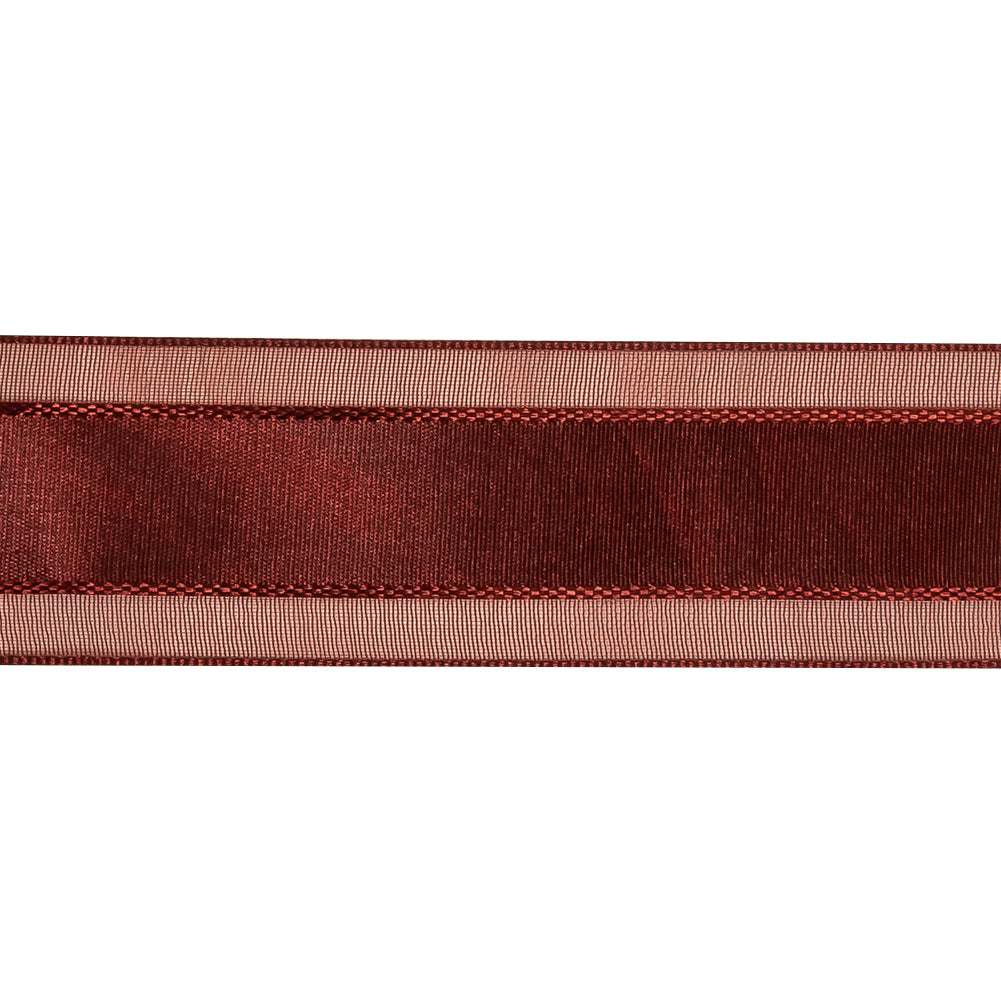 Wine Woven Ribbon with Sheer Organza Borders - 1