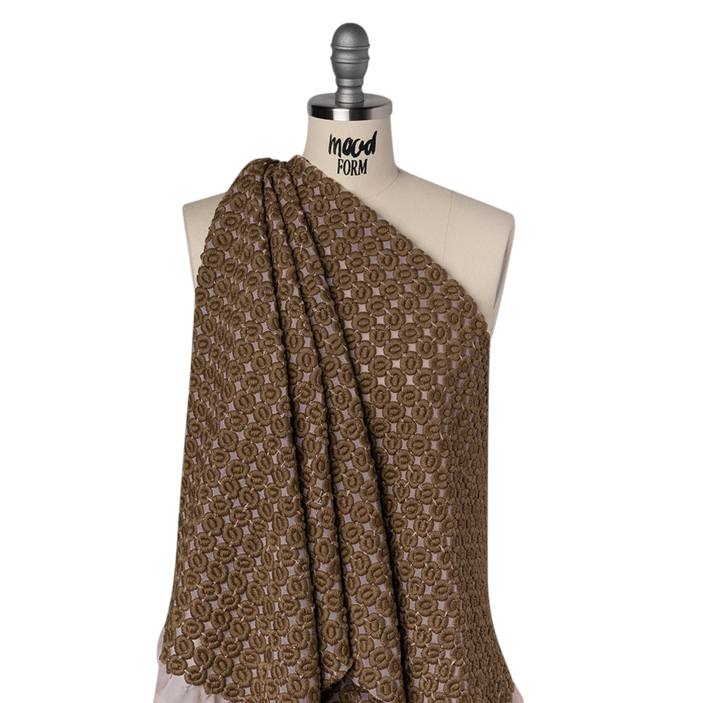 Heavily Embroidered Polyester Crinkled Chiffon - Pink and Brown Flower Dots - Joann Fabrics