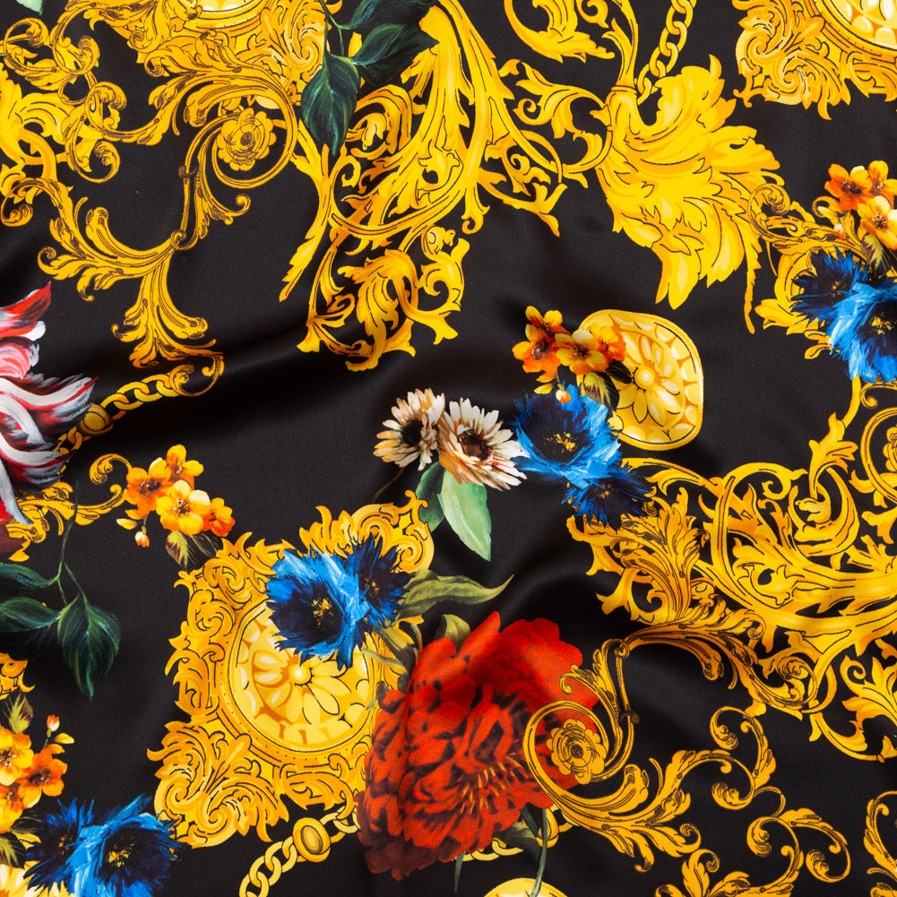Mood Exclusive Italian Black and Gold Ornate Floral Digitally Printed Silk Charmeuse - Joann Fabrics