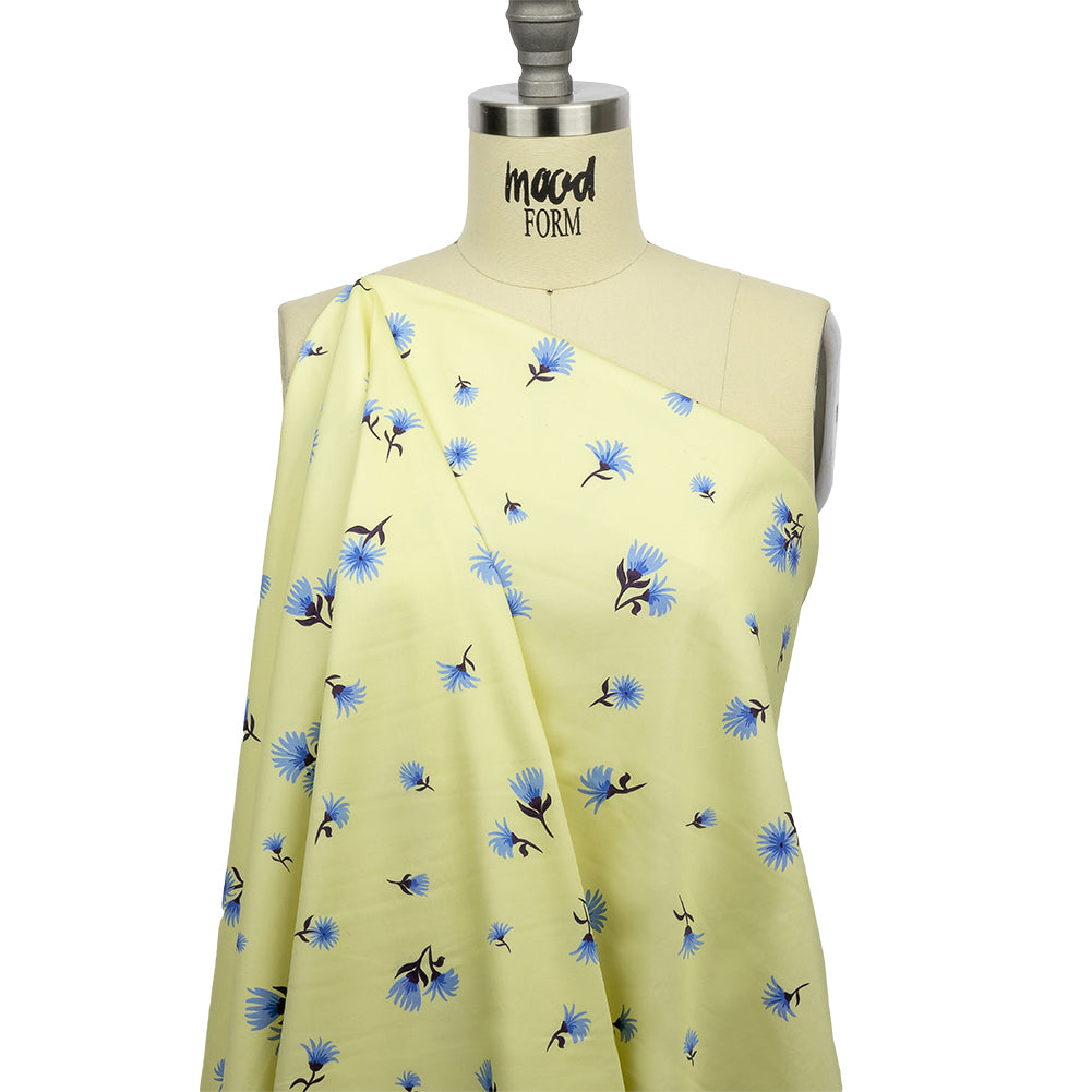 Stretch Cotton and Viscose Sateen Print - Pale Yellow and Blue Floral - Mood Exclusive Daisy Dance - Joann Fabrics
