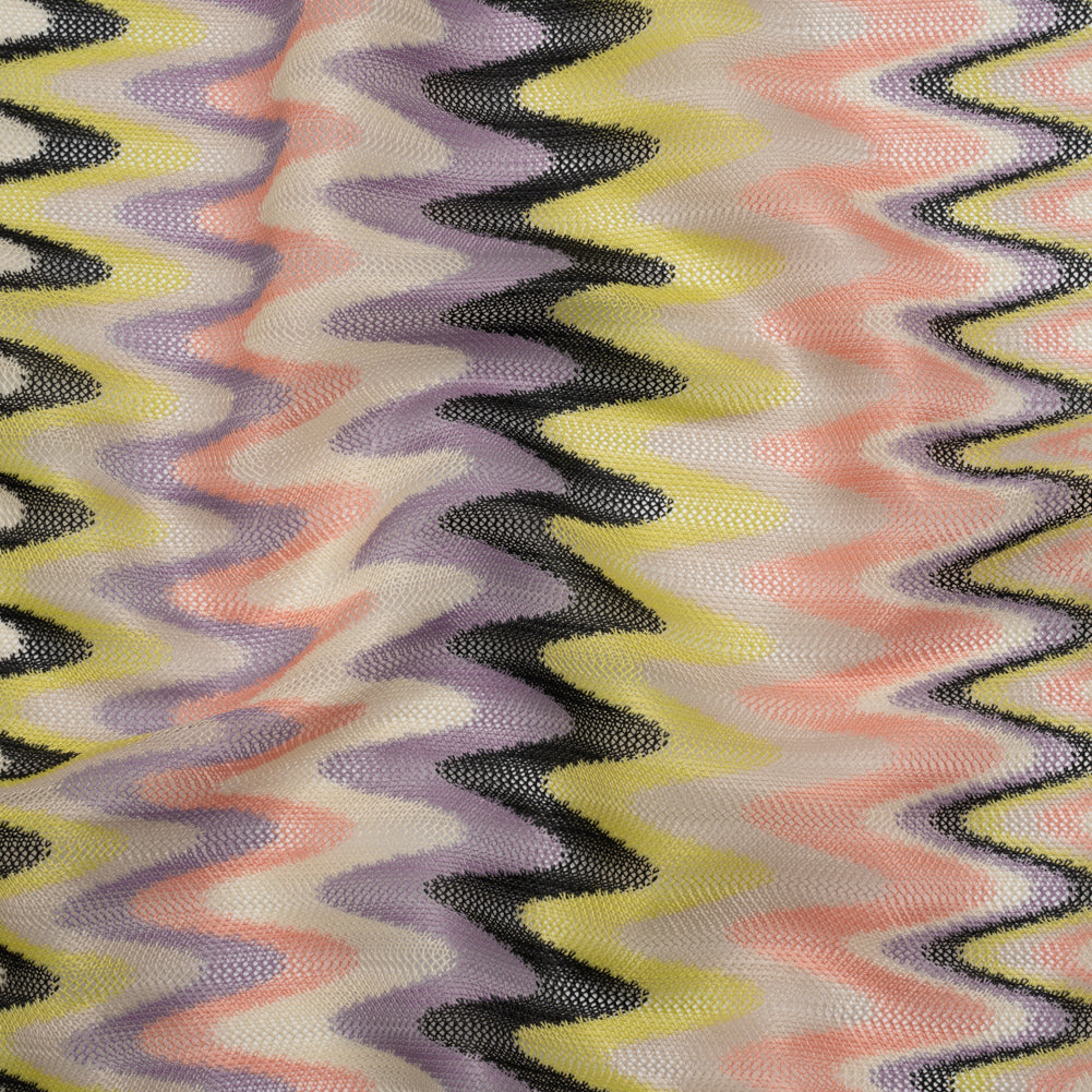 Polyester Sheer Novelty Knit - Lime Green, Lavender and Pink Retro Waves - Designer Deadstock - Joann Fabrics