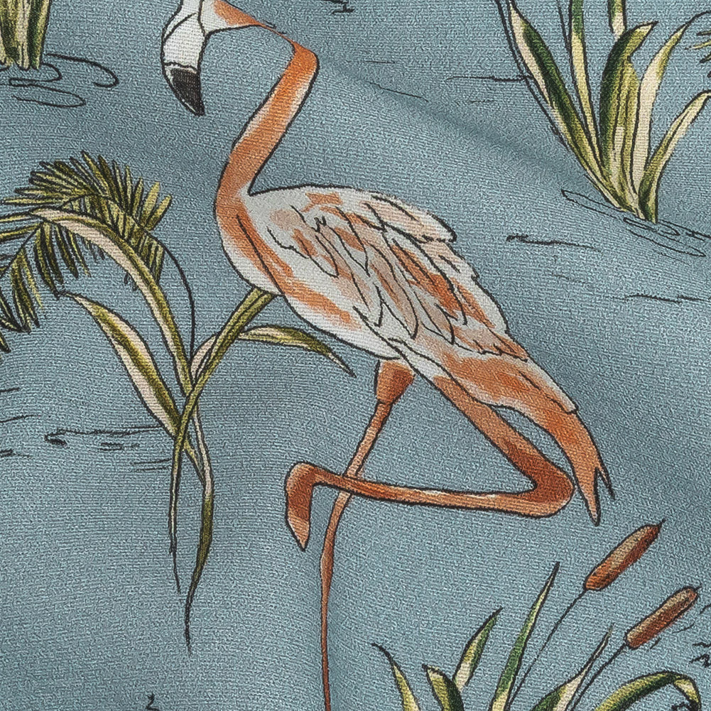 Sustainable Viscose Woven Print - Steel Blue, Pink and Green Flamingoes and Plants - Mood Exclusive Flamingo Festivities - Joann Fabrics