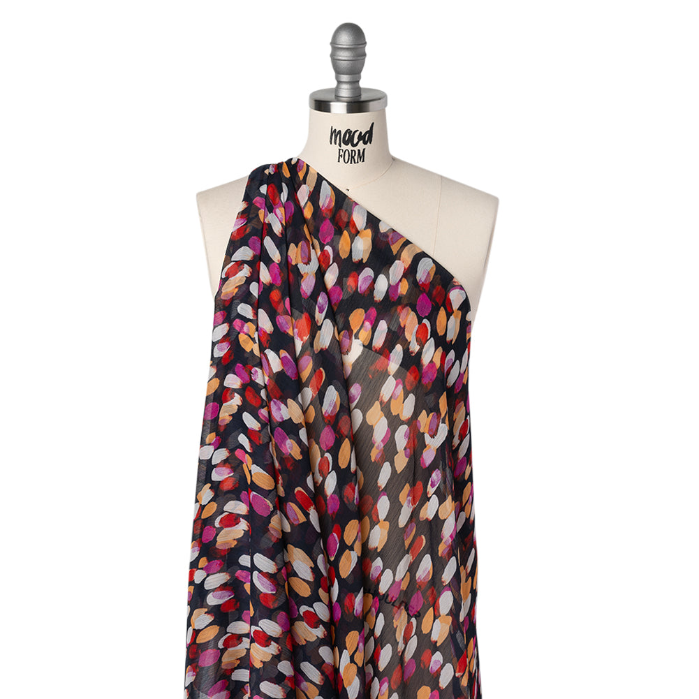 Crinkled Polyester Chiffon Print - Navy, Magenta and Peach Abstract Spots - Designer Deadstock - Joann Fabrics