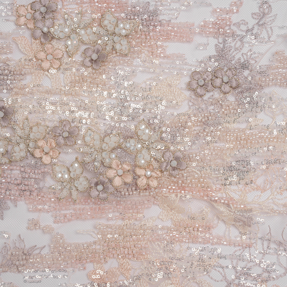 Beaded and Embroidered Tulle with 3D Appliques - Beige and Pink Floral Reflections - Joann Fabrics