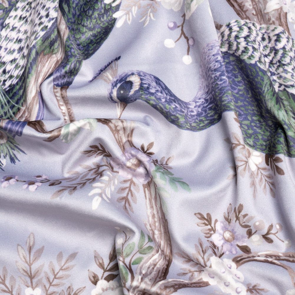 Polyester Microvelvet Print - Pale Iris Peacocks in the Trees - British Imported - Joann Fabrics