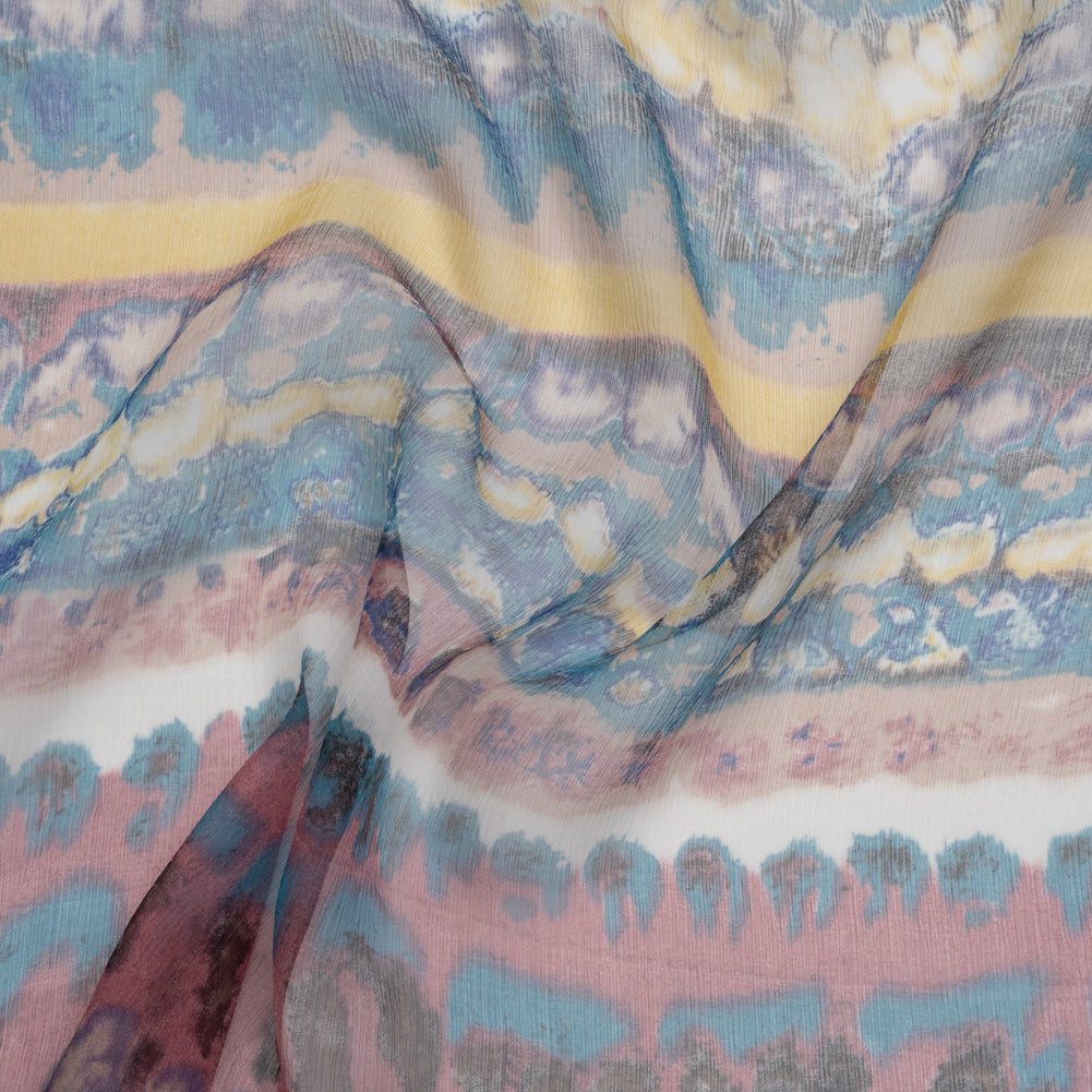 Crinkled Silk Chiffon Print - Dark Rose, Teal and Yellow Inkblot Abstract Stripes - Deadstock - Joann Fabrics