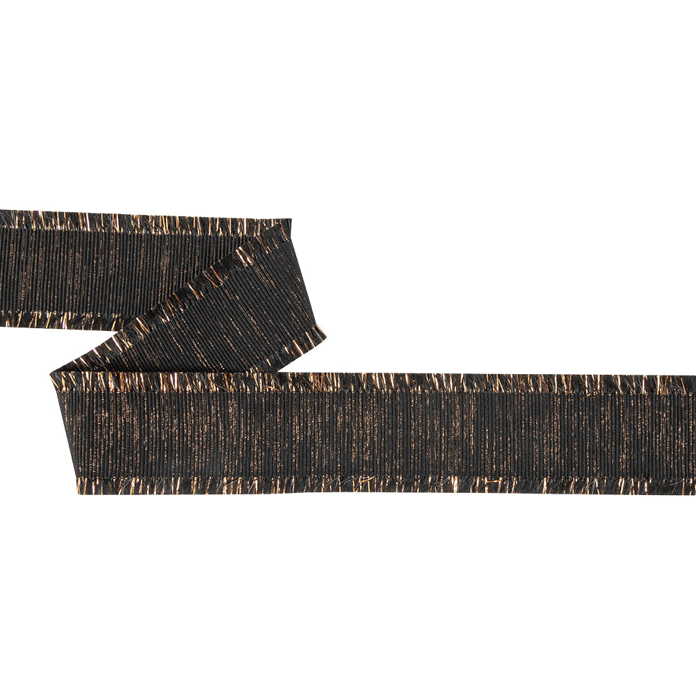 Italian Black and Copper Metallic Grosgrain Ribbon with Fringe - 1.4375