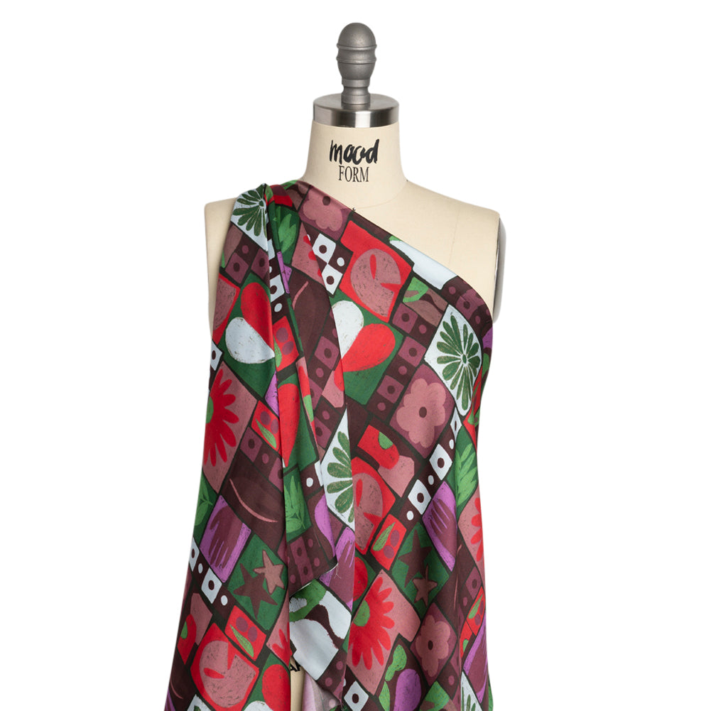 Sustainable and Recycled Viscose Satin Print - Purple, Green and Red Simple Symbols Patchwork - Mood Exclusive Come Together - Joann Fabrics
