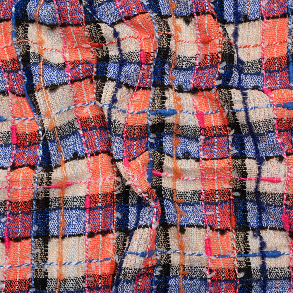 Gauzy Polyester Tweed Woven - Blue, Ivory and Coral Slubbed Plaid - Deadstock - Joann Fabrics
