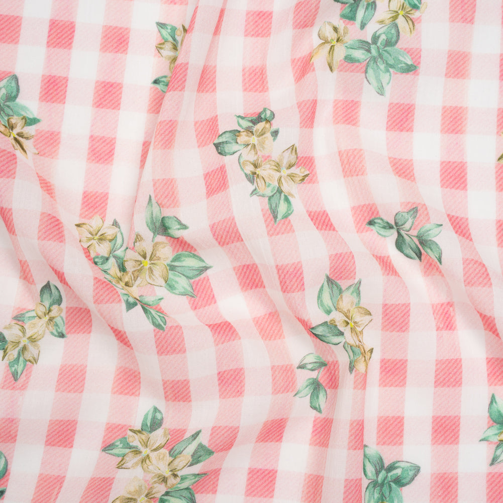 Crinkled Cotton Gauzy Woven - Pink, White and Yellow Flowers on Gingham - Mood Exclusive Picnic Petals Print - Joann Fabrics