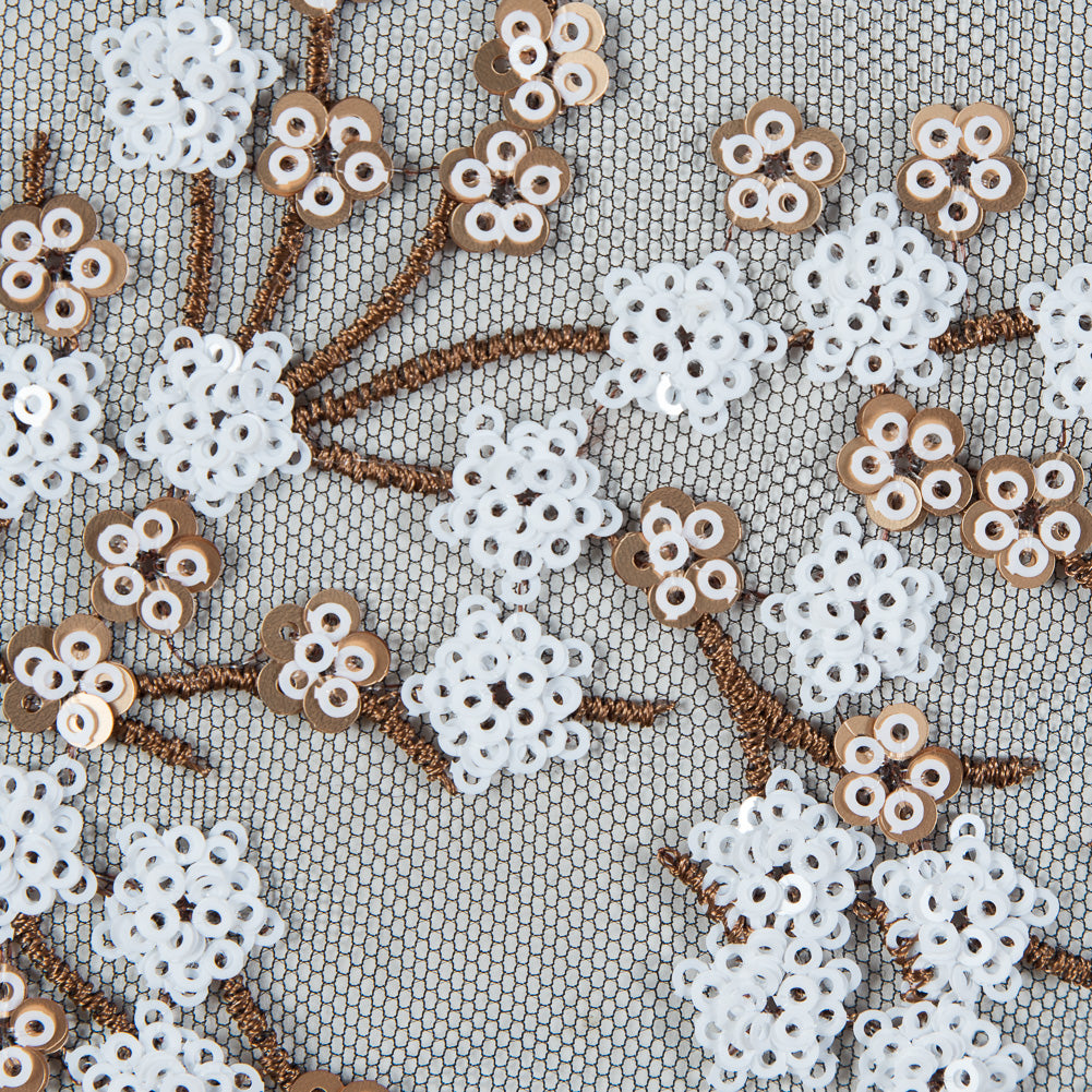 Stretch Net with Sequins - White and Copper Fancy Floral Clusters on Black - Joann Fabrics