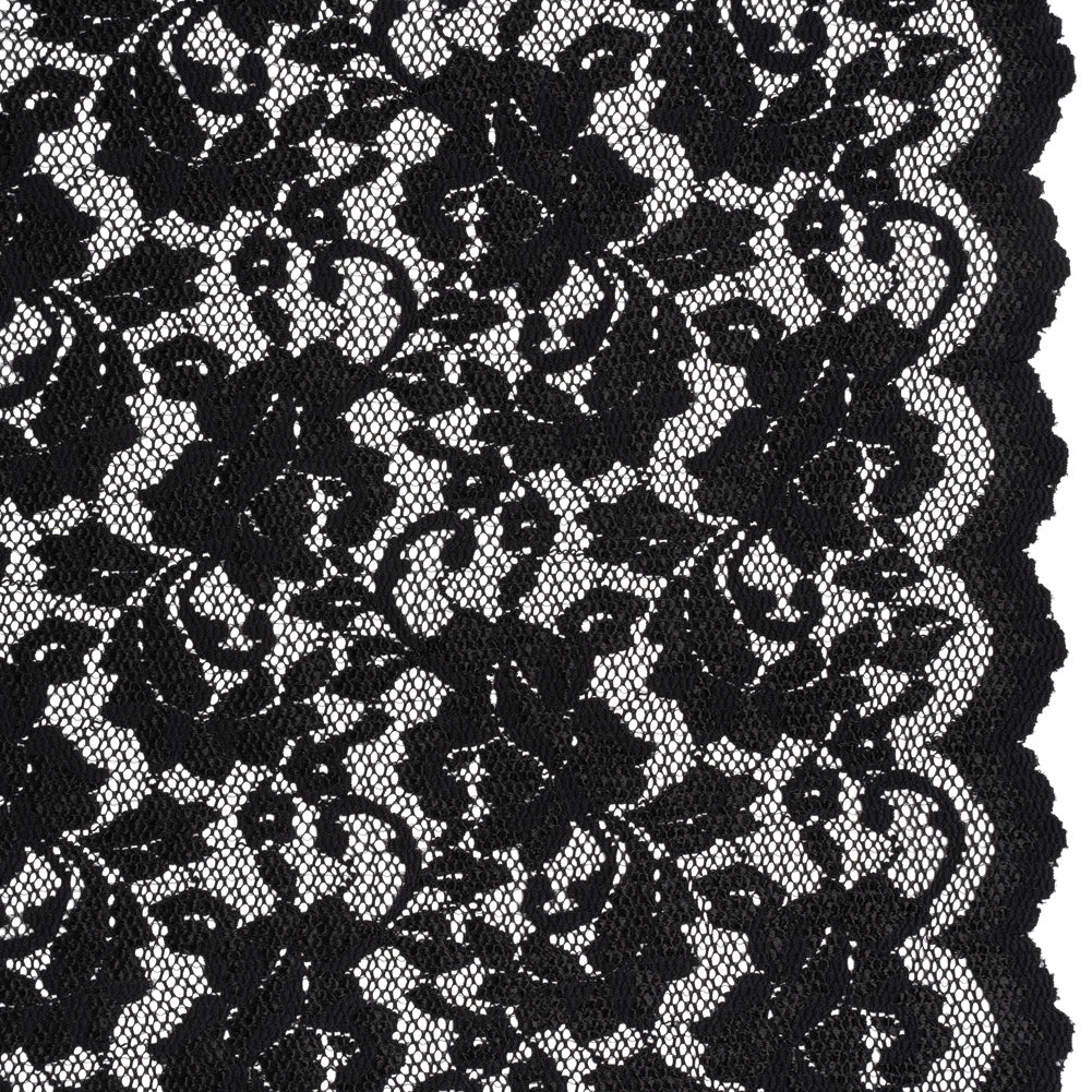 Stretch Raschel Lace with Finished Scalloped Edges - Luminous Black Flowers, Leaves and Swirls - Crina Collection - Joann Fabrics