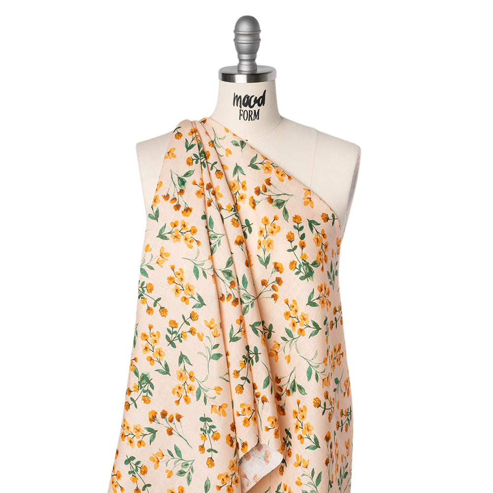 Medium Weight Linen Woven Print - Peach, Orange and Emerald Green Little Flower Bunches - Joann Fabrics