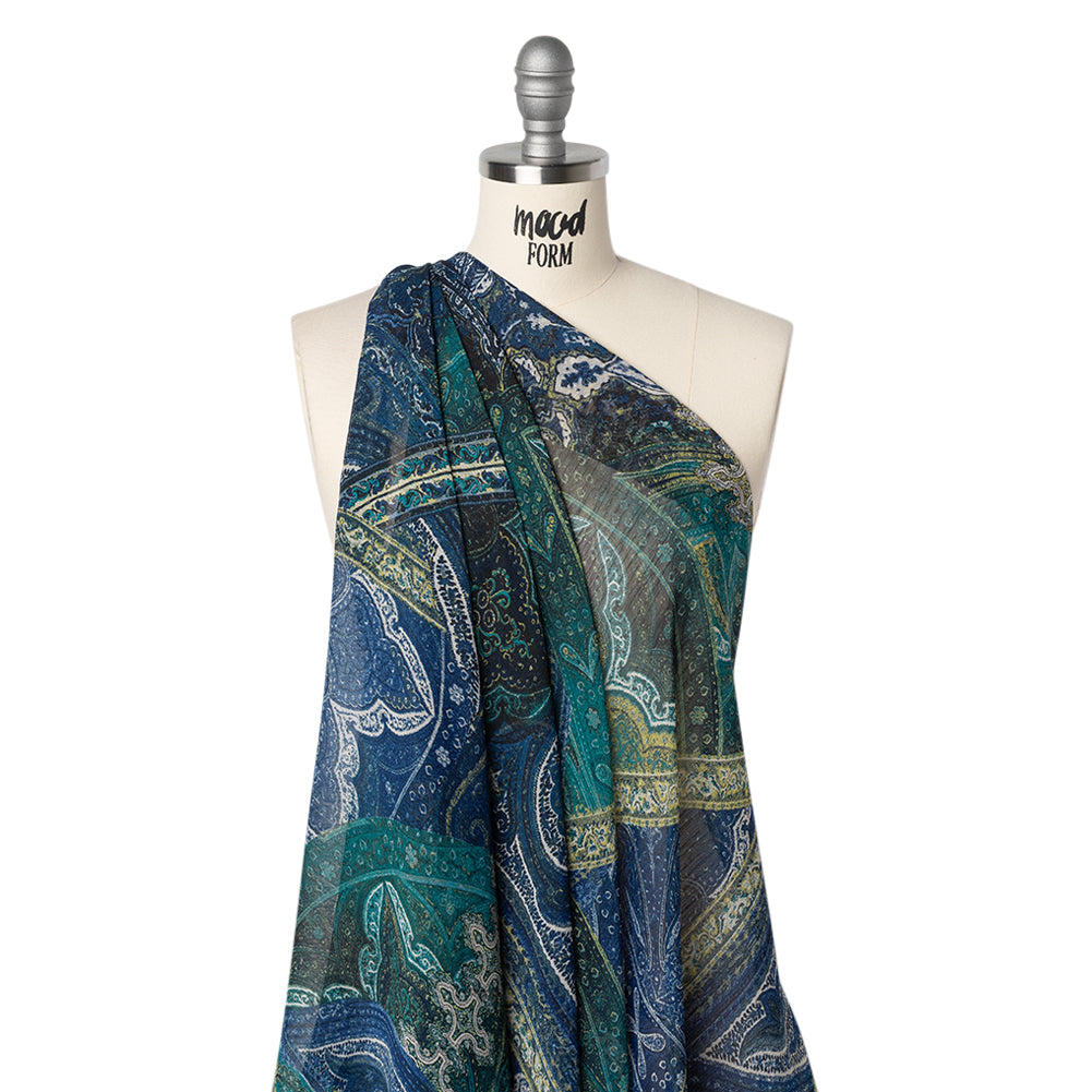 Crinkled Polyester Chiffon Print - Dark Blue, Teal and Olive Ornate Paisley Patchwork - Designer Deadstock - Joann Fabrics